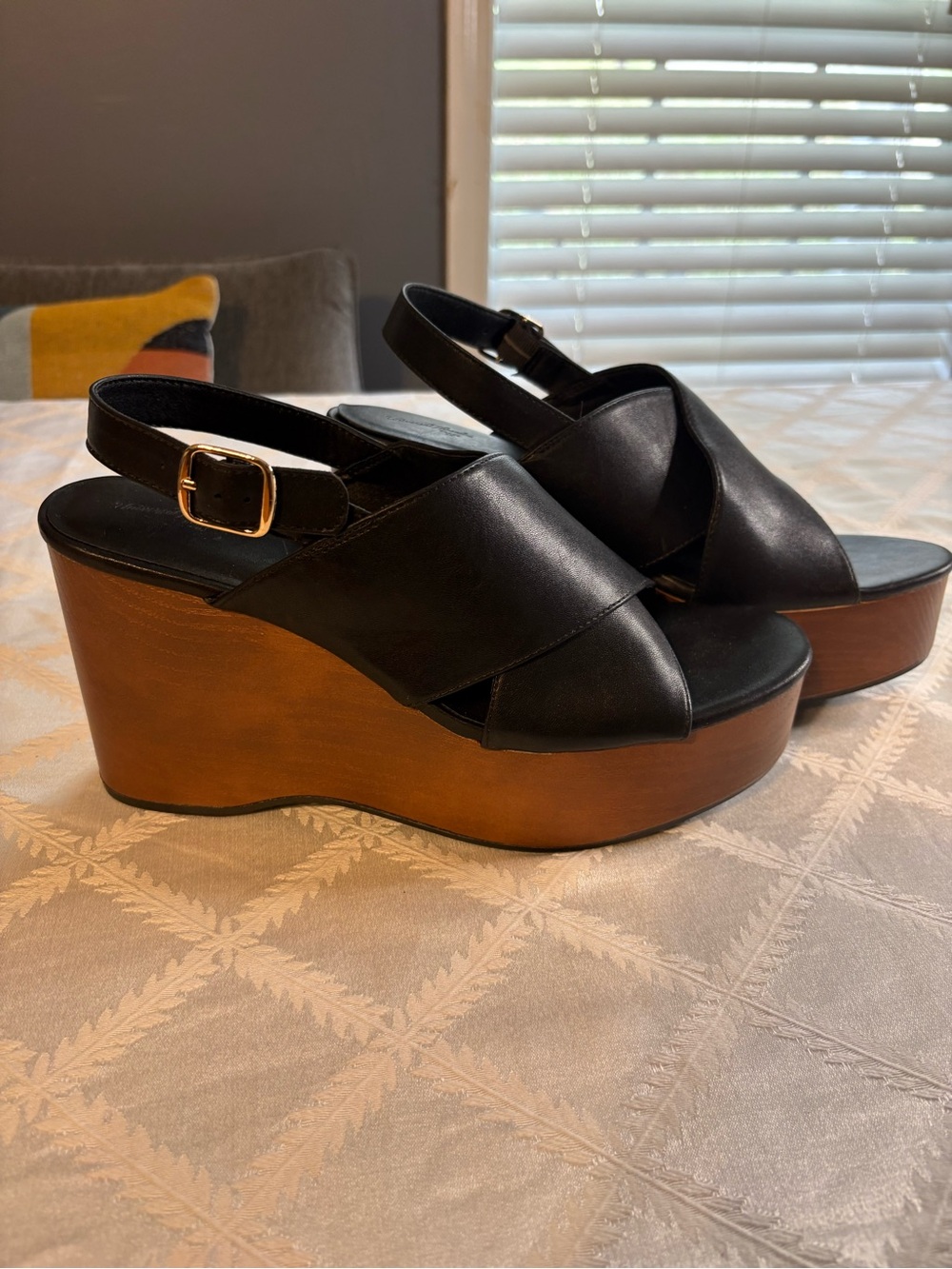 Black Leather Crisscross Platform Wedge Sandals